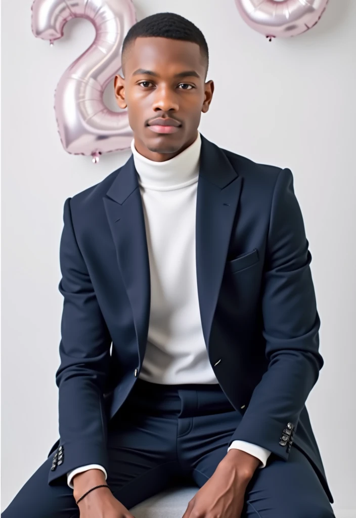 best qualityer:1.4), (ultra high resolution:1.2), (photorrealistic:1.4), (8k, CRU photo:1.2), 1 young man, 20 years old, thin, skin black, with a smooth, beardless face, with short hair with shaved sides and a low top, similar to the fade or taper haircut style, baby blue long sleeve turtleneck shirt. Baby blue dress pants. White sneakers. He is sitting on a gray sofa. You are in a photography studio with a gray background. On the wall there are blue balloons shaped like the number 20. The hair on top is well cut. There is no muscle in the arms. Baby blue balloons are scattered on the floor.