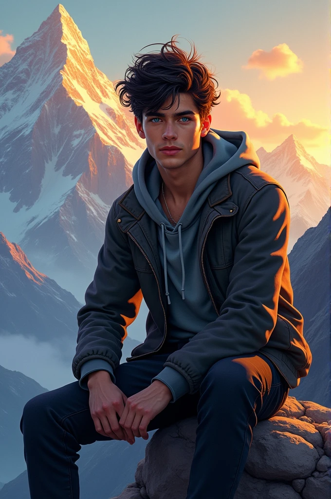 Can you make book cover design for a handsome guy is sitting and mountain behind him