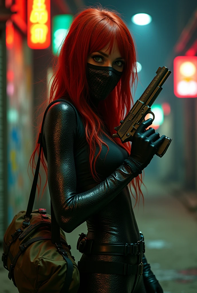 Red-haired snake woman,in assault clothing and with a face mask, holding a revolver and a bottom full of money