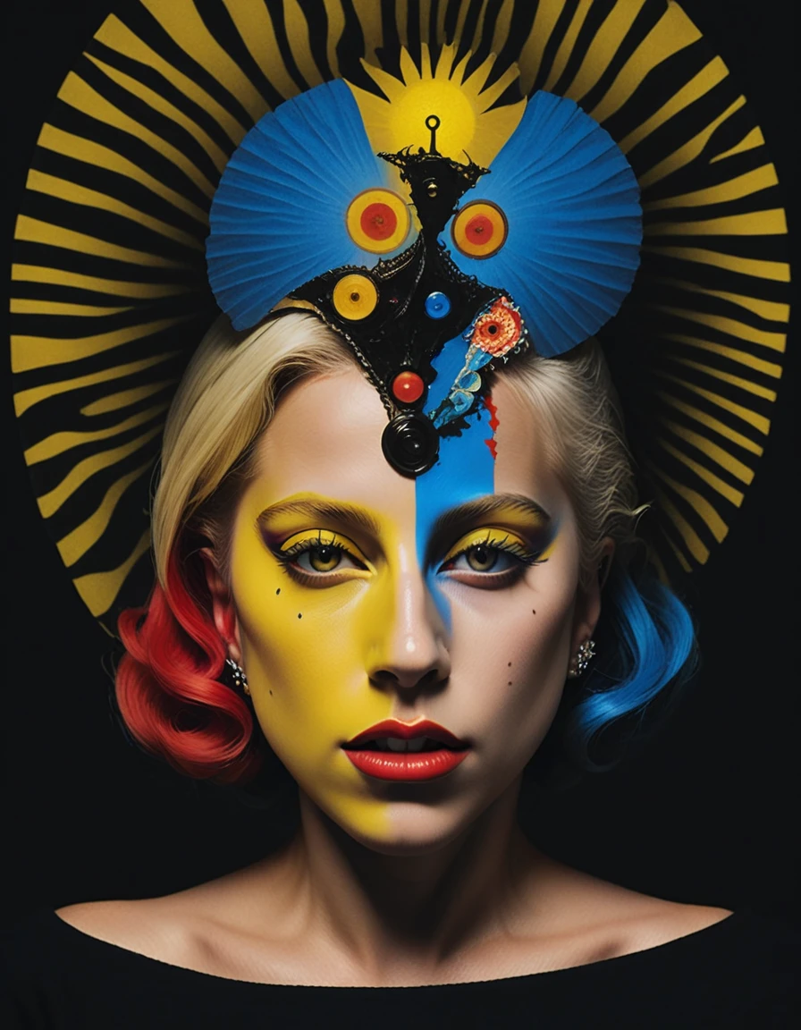 Ethereal aesthetic, colorful surreal collage Lady Gaga, x-ray dadaism art by Raoul Hausmann and George Grosz and Hans Leybold, deconstructed profile portrait of a young and beautiful Panamanian Slut from a ridley scott movie. piercing yellow eyes, soft smile, wearing a Slut outfit, bold makeup, glossy lips, detailed face, stunning beauty. (silhouette lighting), (rembrandt lighting), sunshine behind her, highly detailed, insane details, hazy, abstract background deda style, Maximum yellow, Blood red, Quinacridone-Blue, Quinacridone-Blue colors