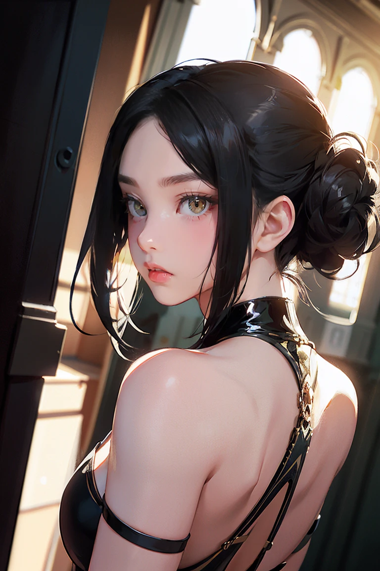 Sexy and cute woman, black brown hair, long hair, straight hair, weak eyes, blushing intensely, lips parted, ready to kiss, long oversized white shirt