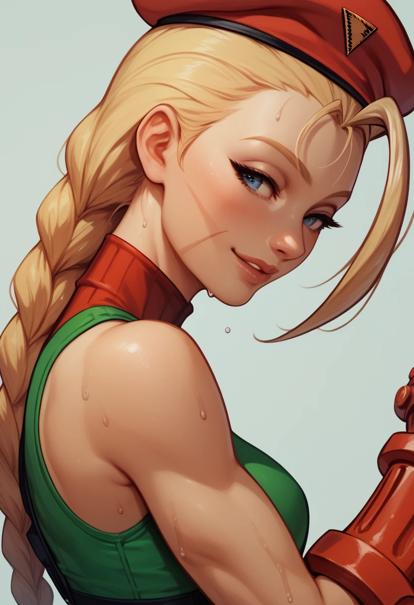 Anime1 girl,side view,looks like Cammy White, slightly leaning forwards,viewed from side,smiling,sensual expression,sweaty,sweat,leaned forwards,body slightly tilted forwards,hug,embrace