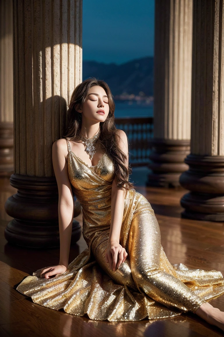 a serene woman in Byzantine-inspired attire, leaning gracefully against an ornate column, eyes closed in quiet contemplation, intricate mosaic patterns on a flowing gown, late afternoon with the warm glow of twilight, photorealistic rendering, ultra-high-definition textures, dynamic and warm lighting, deep golds and reds, detailed lace and fabric textures, cinematic composition, contemplative and serene atmosphere, natural shadows and reflections, rich and vibrant colors, peaceful expression, highly detailed jewelry, luxurious materials, smooth transitions between light and shadow
Body Pose: Leaning gracefully against an ornate column, eyes closed in quiet contemplation.
Time of Day: Late afternoon, with the warm glow of twilight.
Mood: Contemplative and serene.
Aesthetic: Byzantine grandeur, deep golds and reds, intricate mosaic patterns.