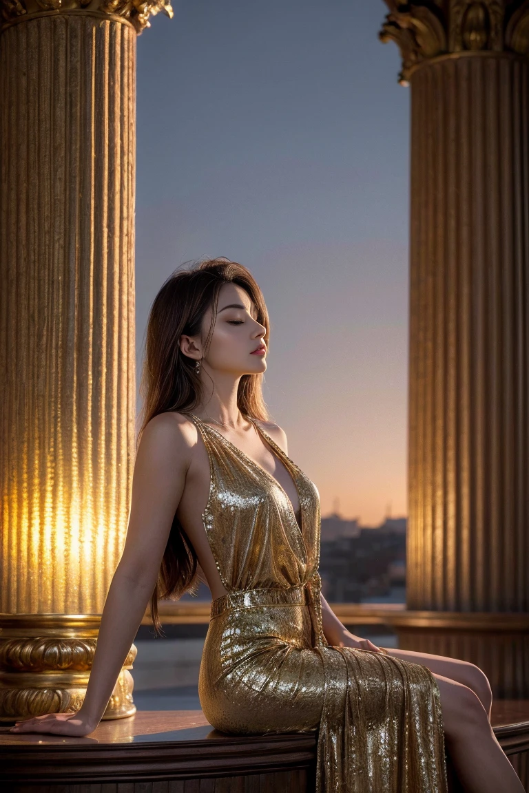 a serene woman in Byzantine-inspired attire, leaning gracefully against an ornate column, eyes closed in quiet contemplation, intricate mosaic patterns on a flowing gown, late afternoon with the warm glow of twilight, photorealistic rendering, ultra-high-definition textures, dynamic and warm lighting, deep golds and reds, detailed lace and fabric textures, cinematic composition, contemplative and serene atmosphere, natural shadows and reflections, rich and vibrant colors, peaceful expression, highly detailed jewelry, luxurious materials, smooth transitions between light and shadow
Body Pose: Leaning gracefully against an ornate column, eyes closed in quiet contemplation.
Time of Day: Late afternoon, with the warm glow of twilight.
Mood: Contemplative and serene.
Aesthetic: Byzantine grandeur, deep golds and reds, intricate mosaic patterns.