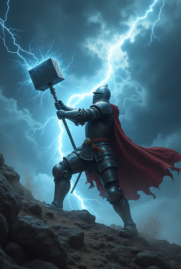 masterpiece、Highest quality、Very detailed、Ultra-high resolution、Two-handed mace、middle ages、knight、swing、Crash、Lightning strikes、Aura of Light