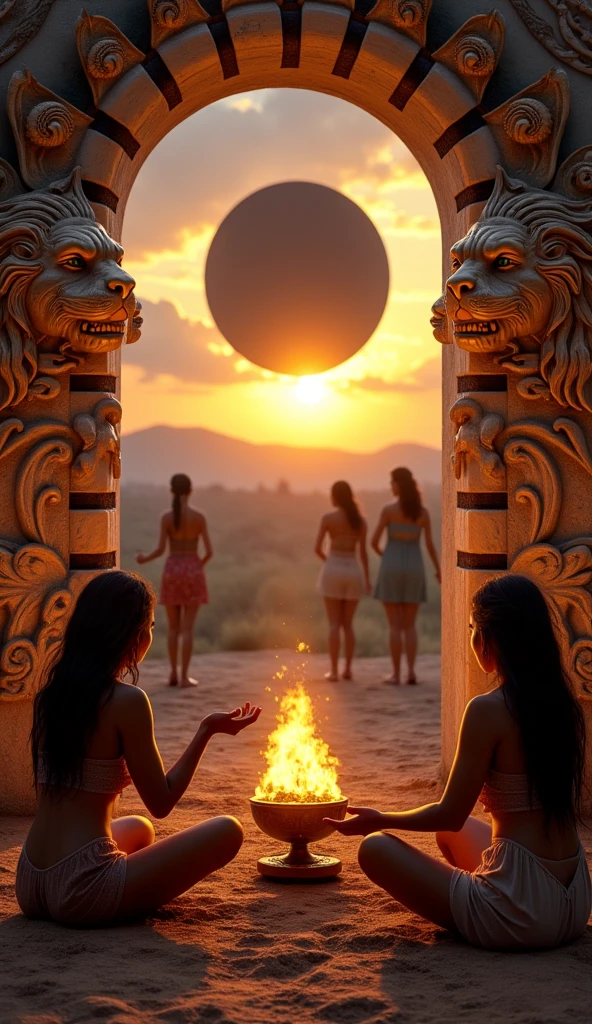 two ultra realistic mayan women with their backs to a portal with a majestic golden lion on the portal inside a black moon, convey depth. Healing lights come from the hearts of these women., one holds a bronze bowl and the other a large cocoa fruit over a ritual fire, They are sitting.. in the background women dancing at sunset. highlight the cocoa