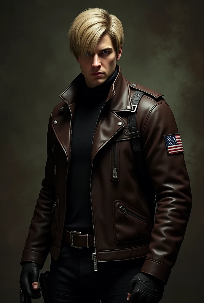 A character with short, blonde hair styled to the side, covering part of his forehead. He wears a dark brown leather jacket with a high collar, featuring a small American flag patch on the left shoulder. Beneath the jacket, he has a black turtleneck shirt. He has blue eyes with a serious expression, wearing black fingerless gloves, a tactical belt with pouches, and a holstered gun on his right thigh. His pants are dark and paired with black combat boots. The setting should be gritty, reflecting the hostile environment of Resident Evil 4, iluminação é amarelada, esverdeada escura, sombria, com sombras profundas, Realism, diffraction spikes, character chart, UHD, accurate, textured skin, super detail, high quality, best quality, highres