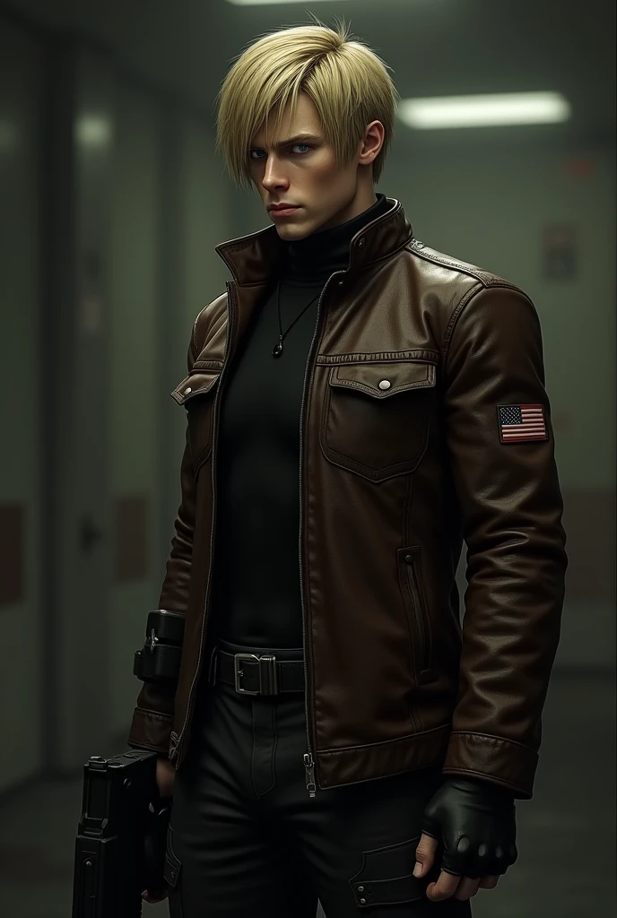 A character with short, blonde hair styled to the side, covering part of his forehead. He wears a dark brown leather jacket with a high collar, featuring a small American flag patch on the left shoulder. Beneath the jacket, he has a black turtleneck shirt. He has blue eyes with a serious expression, wearing black fingerless gloves, a tactical belt with pouches, and a holstered gun on his right thigh. His pants are dark and paired with black combat boots. The setting should be gritty, reflecting the hostile environment of Resident Evil 4, iluminação é amarelada, esverdeada escura, sombria, com sombras profundas, Realism, diffraction spikes, character chart, UHD, accurate, textured skin, super detail, high quality, best quality, highres