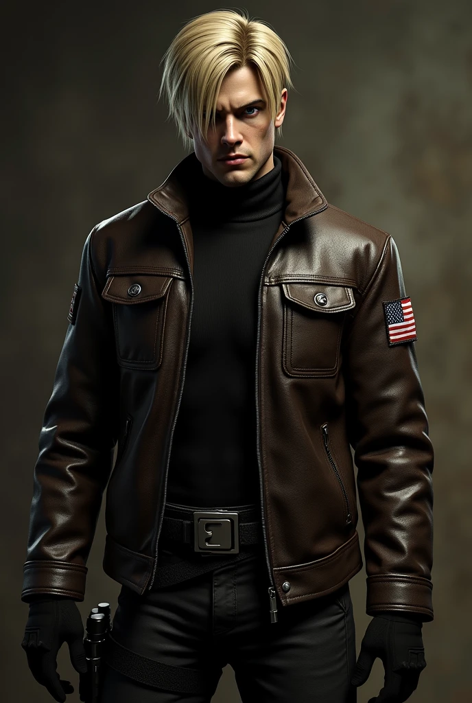 A character with short, blonde hair styled to the side, covering part of his forehead. He wears a dark brown leather jacket with a high collar, featuring a small American flag patch on the left shoulder. Beneath the jacket, he has a black turtleneck shirt. He has blue eyes with a serious expression, wearing black fingerless gloves, a tactical belt with pouches, and a holstered gun on his right thigh. His pants are dark and paired with black combat boots. The setting should be gritty, reflecting the hostile environment of Resident Evil 4, iluminação é amarelada, esverdeada escura, sombria, com sombras profundas, Realism, diffraction spikes, character chart, UHD, accurate, textured skin, super detail, high quality, best quality, highres