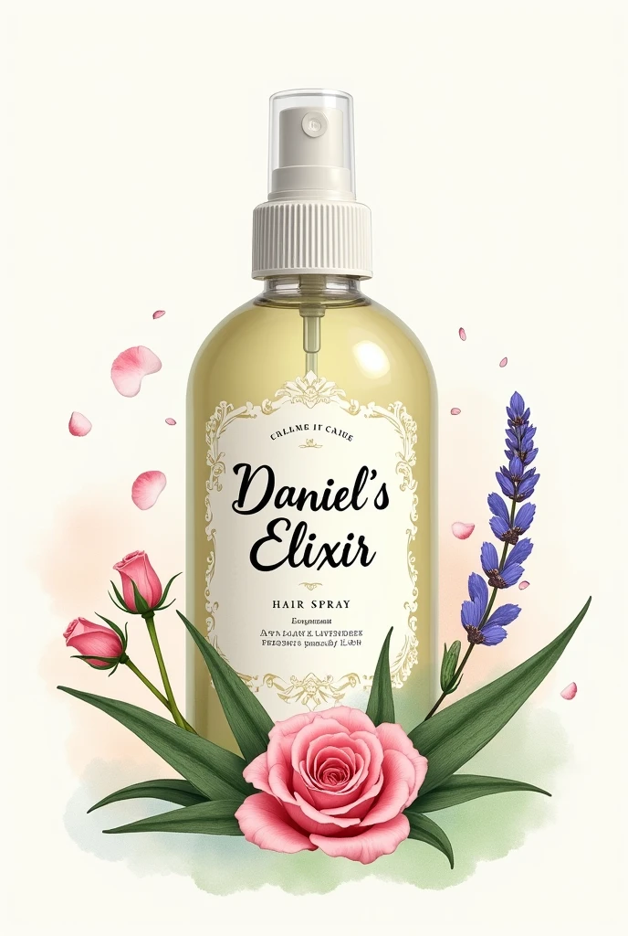génère moi une étiquette que je peux coller sur le flacon pour le spray cheveux, fais en sorte qu’elle fasse ressortir le côté bio et naturel. dedans il y a de l’eau de rose de l’aloe vera et de l’huile essentielle de lavande. écris Daniel’s Elixir. je veux juste le design de l’étiquette pas un mockup comme ça j’imprime et je colle