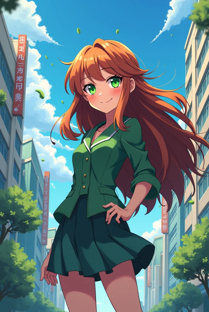 Create the image of a girl with brown hair and green eyes in anime style. "My Hero Academia"