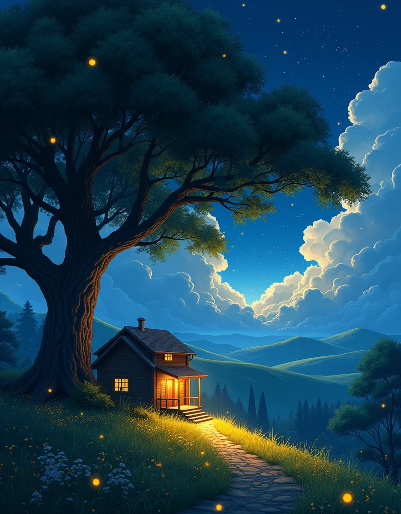 masterpiece!!!! 8k an anime GHIBLI STYLE cabin!!!!! The image shows a serene night scene of a house under a tree, clouds, hills, majestic billowing clouds, blue, golden lighting, anime 8k l, fireflies, grass, night, golden leaves, anime style, ghibli, under tree, boil a night sky, clouds animated lighting!!!!!! and shadow, Firefly