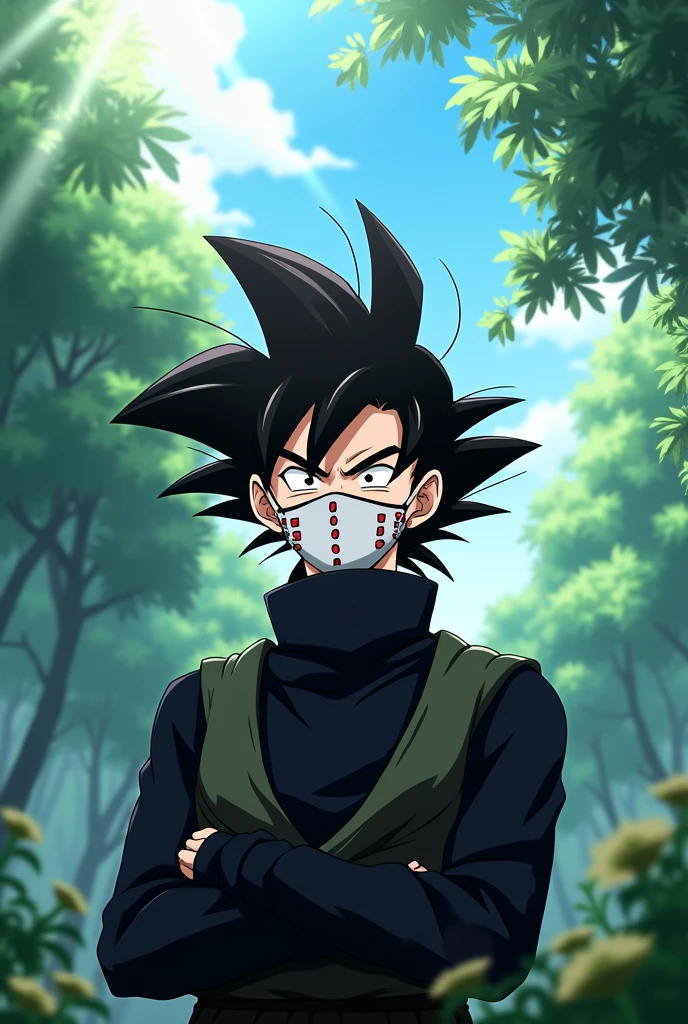 Goku black with a white anbu mask with some small red stripes that cover his entire face but you can see his hair and only his head and you write a logo with this name Grinyou. The mask has to cover his entire face, but it has to be Goku Black, it has to be daytime, and it has to be anime.