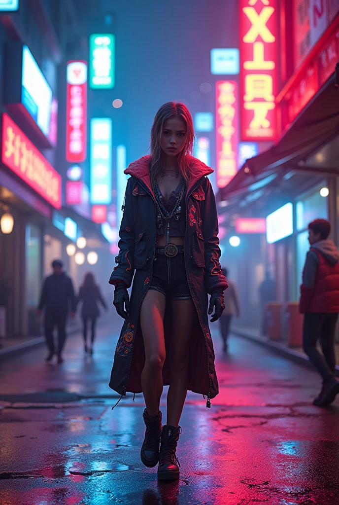 Background of an urban street environment, neon lighting, cyberpunk style, dynamic pose, changing colors, cinematic lighting, hyperrealistic, 8k, Award-winning digital art
