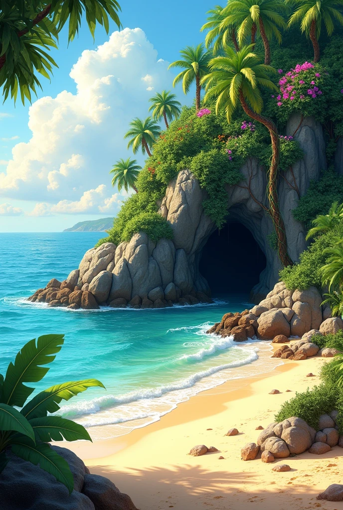 distant view of an island with a small entrance to a cave