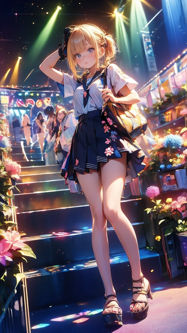 ((masterpiece)),(((Highest quality))),Comiket scenery、Big Sight、International Exhibition Hall、Thin thighs,Long legs,whole body:1.5，(:1.3),(もっと美しいsummerのラフな格好：1.3),(Wearing light casual clothes:1.2),Short Blonde:1.2、Idol Pose，summer、flowerpunk、Idol Group、Sparkle Effect、Light effect particles、Vivid gradients