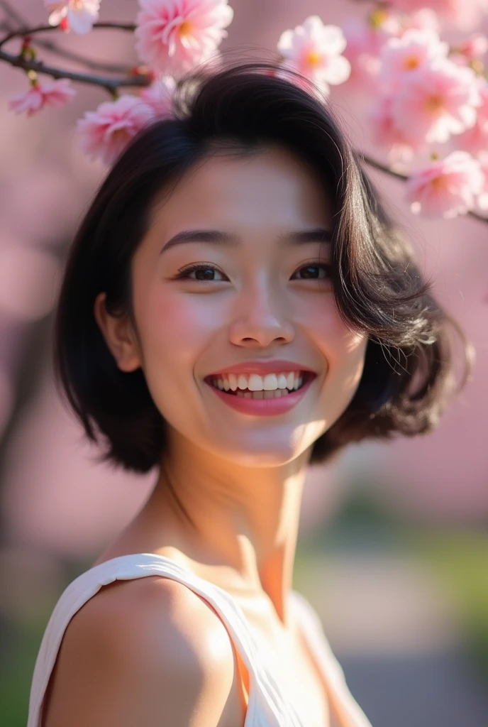 (masterpiece:1.3), (8k, realistic, RAW photos, best quality: 1.4), Japanese people, (1 girl),25 years old, beautiful face, (realistic face), (black hair, Short hair:1.3), beautiful hairstyle, realistic eyes, beautiful eyes, beautiful eyes, (realistic skin), beautiful skin, attractive, Ultra high quality, high quality, enlargement, portrait, golden ratio, detailed production, See the person, laugh, (Shoulder view), medium chest,