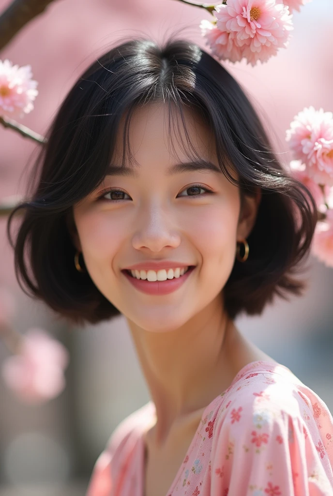 (masterpiece:1.3), (8k, realistic, RAW photos, best quality: 1.4), Japanese people, (1 girl),25 years old, beautiful face, (realistic face), (black hair, Short hair:1.3), beautiful hairstyle, realistic eyes, beautiful eyes, beautiful eyes, (realistic skin), beautiful skin, attractive, Ultra high quality, high quality, enlargement, portrait, golden ratio, detailed production, See the person, laugh, (Shoulder view), medium chest,