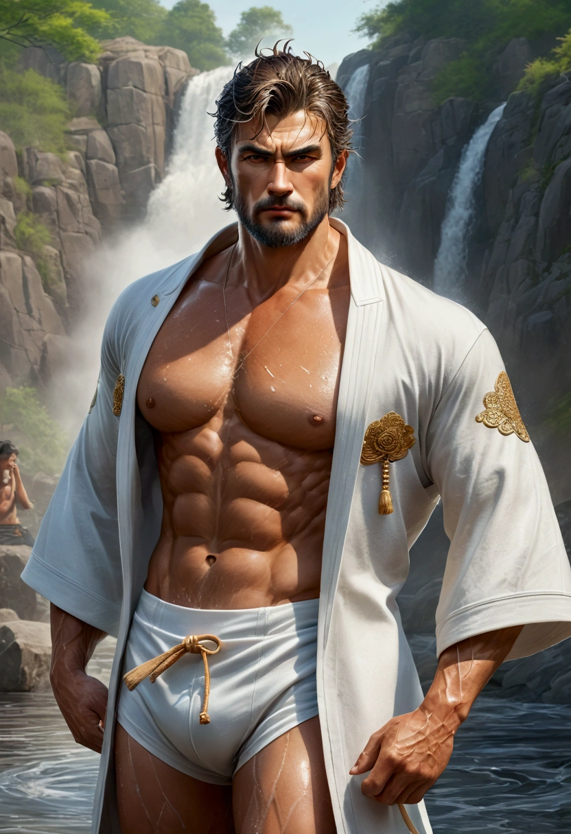 Samurai, Steampunk, Highly detailed painting, handsome! Beard, short hair, small head, tall, outdoor hot spring, soaked in water!!! (Best quality, super details) Elegant! Fashion background!! HD, 8k, thin and tall! Muscular, chest hair, hairy chest muscles! Smirk, masterpiece, best quality, high resolution, detailed background, strong body, male, he is about 50 years old, strong and handsome, muscular tissue, chest muscles, best quality, (muscles), sitting in the water wearing white swimming trunks!! Chest hair: 1.8) Realistic photos, short hair! The lower body is soaked in water! Easy and comfortable appearance! (Water fog: 1.5)