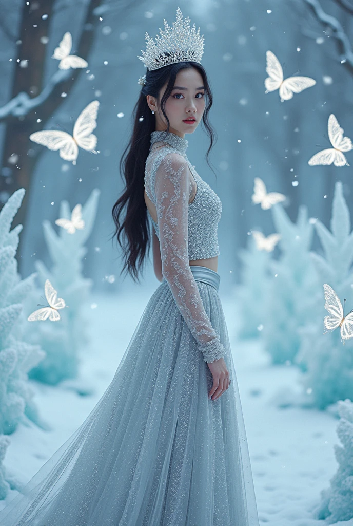 Jennie of Blackpink pink,she wearing long silver glittering dress ,The crown on her head,Background is Ice butterflies and Ice snakes behind her , little snow rain