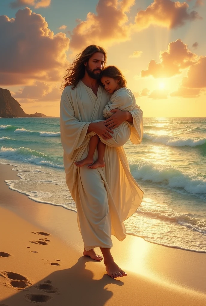 Jesus carrying someone in his arms while walking through the sand