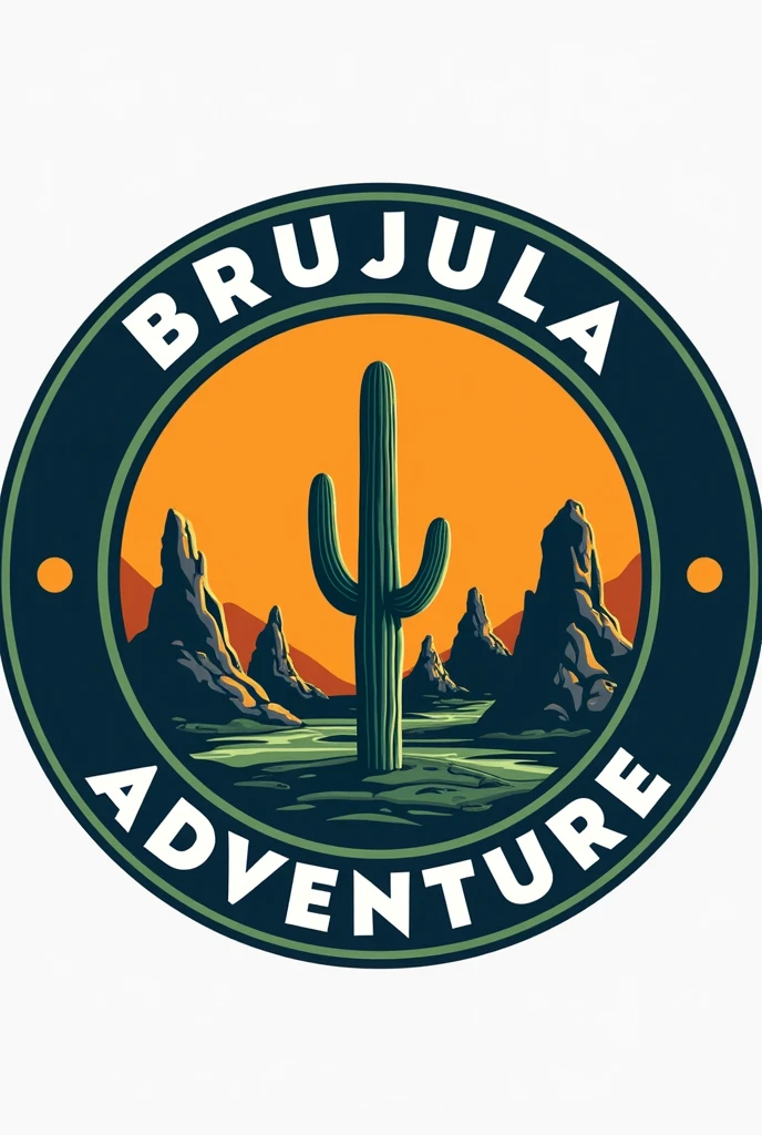 I want a circular logo where it has a thick navy blue border inside the white letters that say "Brujula Adventure" around the edge, Then inside another thinner green border and inside the circle that is orange and has an illustration of some Quibor hollows with a single cactus that says Quibor in the illustration inside