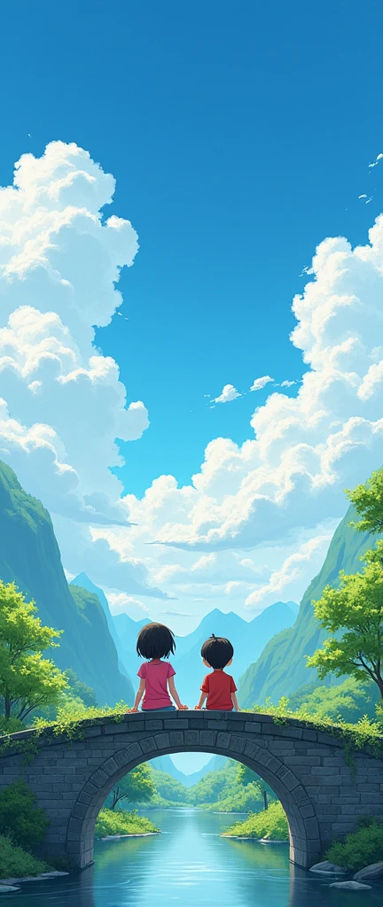 summer,In a rural area of China,Two children sitting on an old stone bridge,Watching the white clouds drift across the blue sky,Surrounded by lush greenery in the sunshine,Create a peaceful and beautiful landscape painting。This illustration is inspired by anime style、high resolution、high quality、High Detail、high noise、Fine details,Captures the essence of a quiet country day,Also focus on the children's faces。