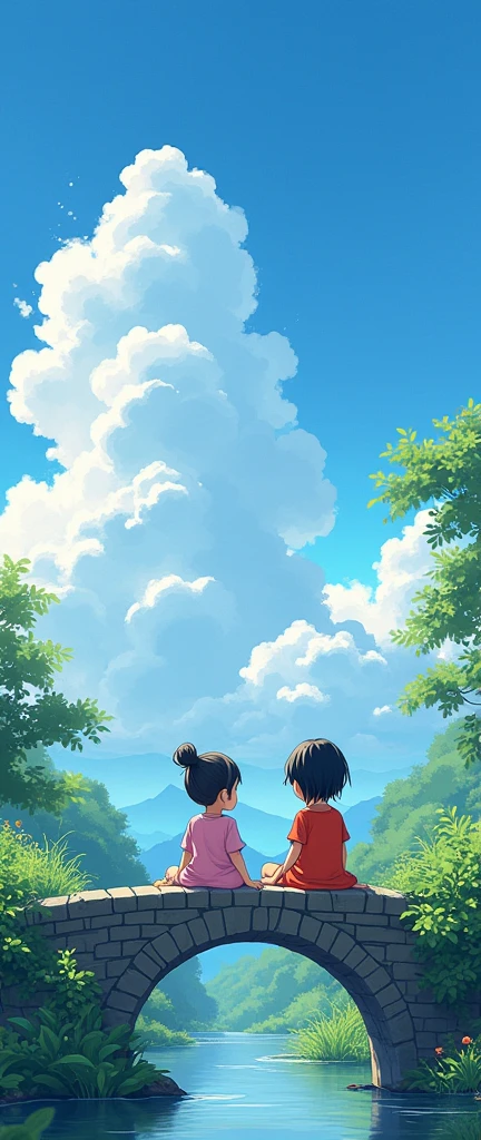 summer，In a rural area of China，Two children sitting on an old stone bridge，Watching the white clouds drift across the blue sky，Surrounded by lush greenery in the sunshine，Create a peaceful and beautiful landscape painting。This illustration is inspired by anime style、high resolution、high quality、High Detail、high noise、Fine details，Captures the essence of a quiet country day，Also focus on the children&#39;s faces。
