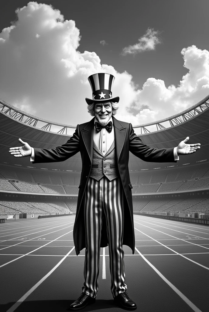create an image of the 1984 olympic stadiums with uncle sam in front in black and white in dashed animation