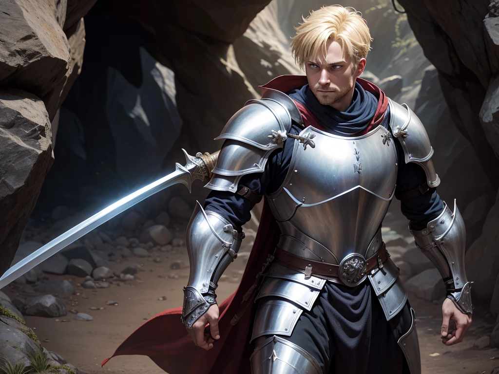 adult man, blond, stark, knight, fully body, lightweight armour, medieval fantasy, looking forward holding a long sword, inside a mystical cave, heroic pose demonstrating courage, ready for battle, high resolution, 4k resolution,