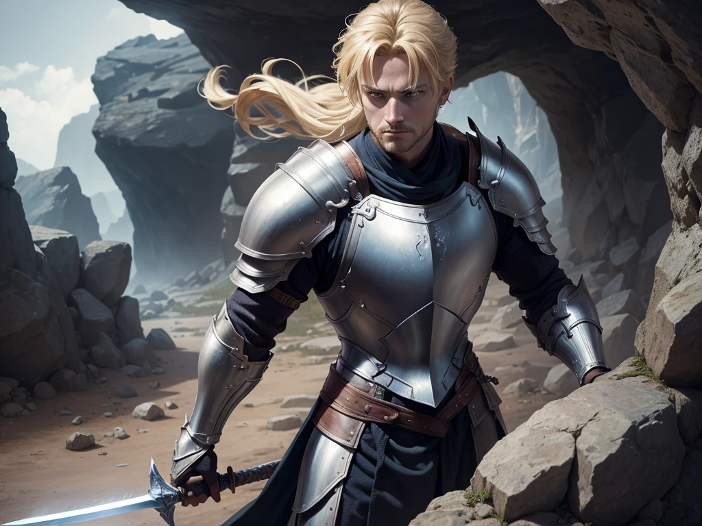 adult man, blond, stark, knight, fully body, lightweight armour, medieval fantasy, looking forward holding a long sword, inside a mystical cave, heroic pose demonstrating courage, ready for battle, high resolution, 4k resolution,