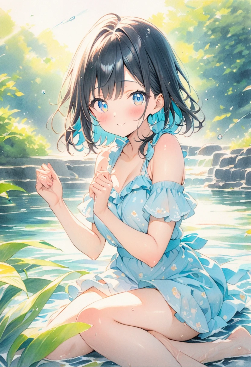 (masterpiece:1.2),(anime),River side、Water Play、、cute、sunlight、summer,(style:Colored pencil、watercolor)