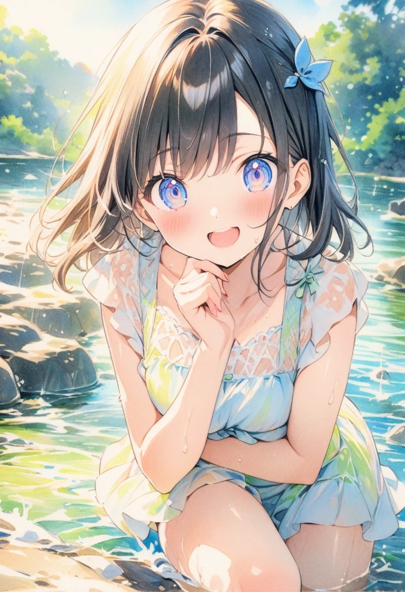 (masterpiece:1.2),(anime),River side、Water Play、、cute、sunlight、summer,(style:Colored pencil、watercolor)