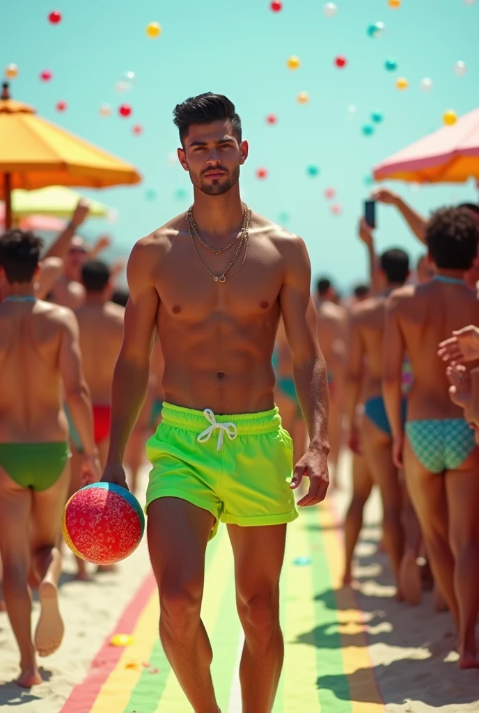 Handsome young man with a beautiful, slim, white face, smooth white skin, shirtless, wearing a fluorescent green swimsuit. He has short black hair and is on a runway during a men's beach party, holding a beach ball in his hand. The crowd is applauding and celebrating with bubbles. Tall, thin, white man, full of confidence.