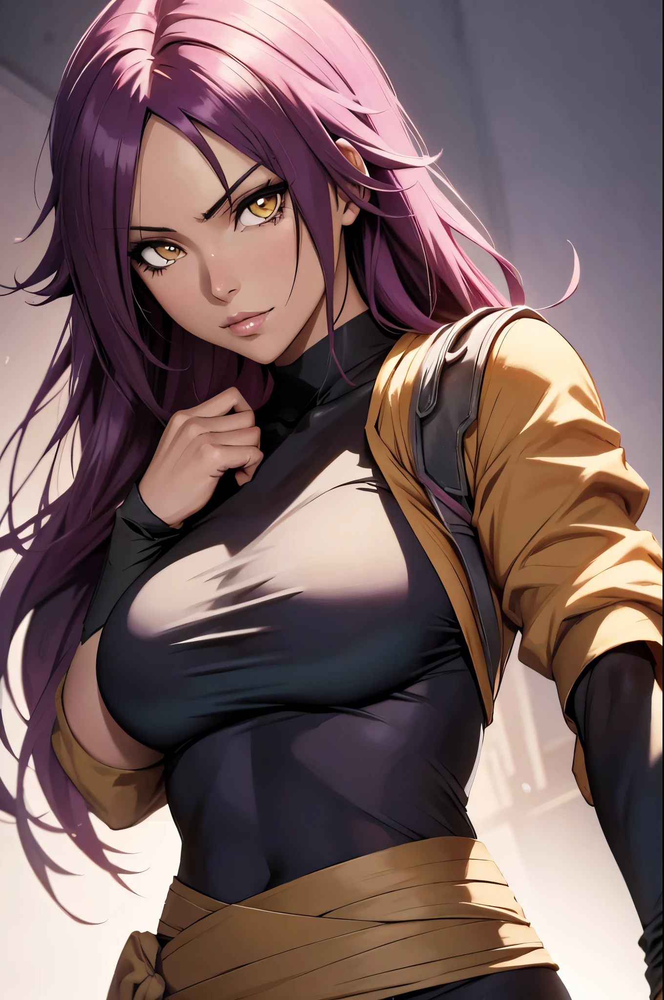 Yoruichi Shihouin, masterpiece), (portrait), medium breasts (aesthetics), A 32-year-old woman , romantic lighting that enhances her feminine features.