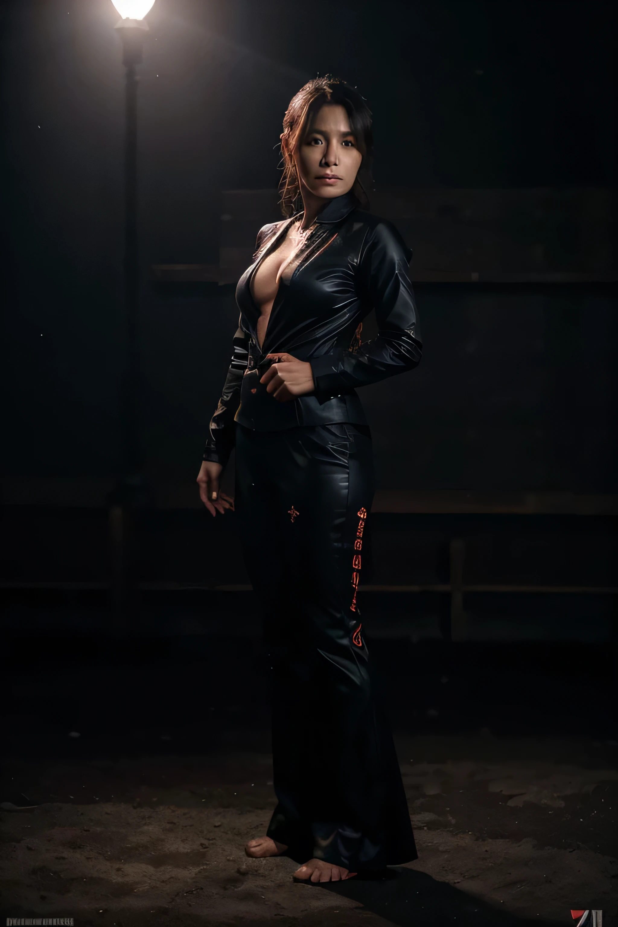 Uma bela mulher japonesa, 40 years old, in a dark florrest, árvores ao redor, night, hurt, suffering, vestinso roupas de ninja, pele suada, full body, 8k resolution, real photo, natural light, real person