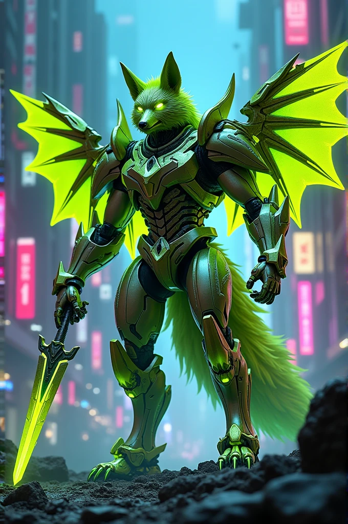 3D metallic-lime colored cyberfox beastwolf lime colored armored lime colored tall standing wolf monster mecha Wolfbeast roboticwolf warrior , has neon eyes, has glowing teeth ,and has big claws and has a huge electric swordblade of energy as his weapon, has Razor sharp claws and clawed feet. and has big lime colored dragon wings, has and 4 lime colored wolfbot tails