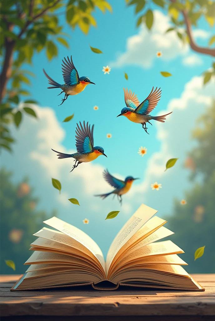 An open book with pages turning into birds 

