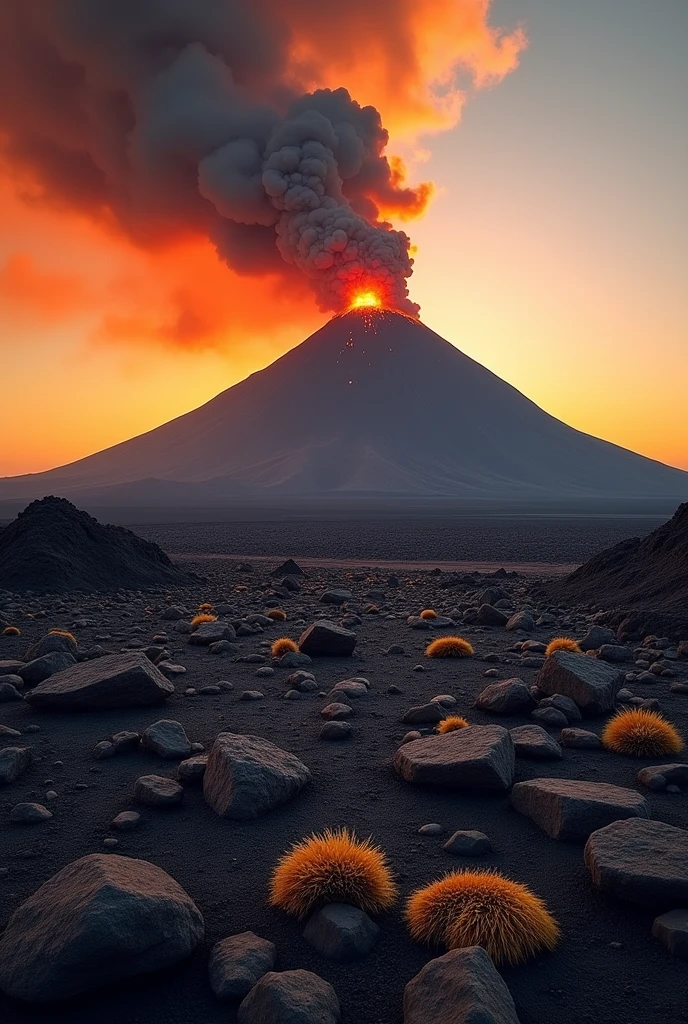 rocky floor with volcano background