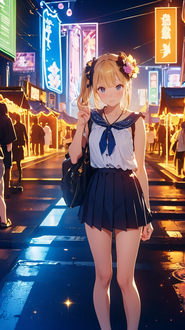 ((masterpiece)),(((Highest quality))),Comiket scenery、Big Sight、International Exhibition Hall、Thin thighs,Long legs,whole body:1.5,(:1.3),(もっと美しいsummerのラフな格好:1.3),(Wearing light casual clothes:1.2),Short Blonde:1.2、Idol Pose,summer、flowerpunk、Idol Group、Sparkle Effect、Light effect particles、Vivid gradients