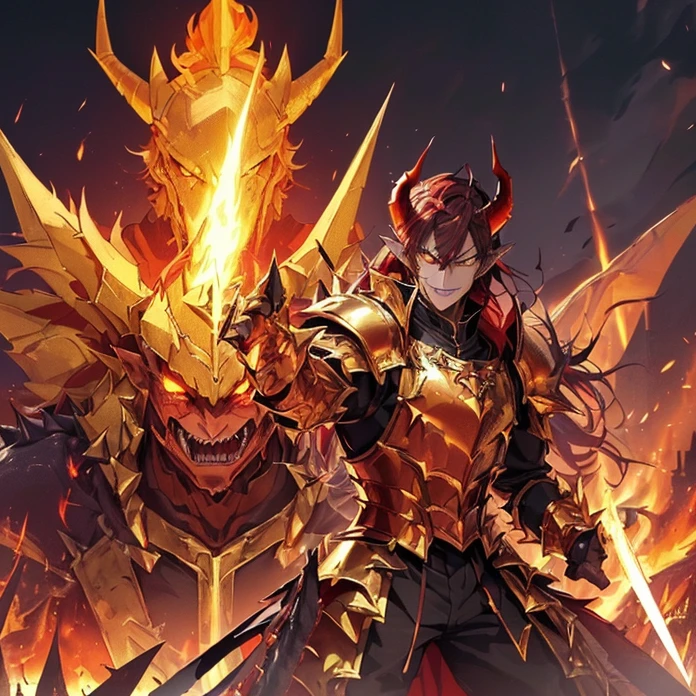 (High Resolution, HD, High Quality), (Super Detailed, High Details), (Masterpiece), (Anime, Anime Style), (Character Design), high fantasy, epic dark demonic fantasy)(detailed background)(chaos)(warhammer aesthetic)(multiple views)
{{evil giant demon prince:(((red demon skin, red demon head, spiky yellow teeth, muscular neck, pointy demon ears, big demon wings, long demon pointy tail, vampire nose, spiky jaw, evil demon smile, (golden demon armor, golden shoulder plates, golden hip armor, big fire demon sword,(fire around the castle ruins)(menacing dictator pose, rising his sword up))}}