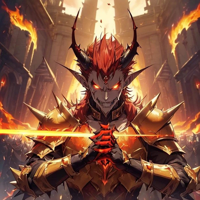 (High Resolution, HD, High Quality), (Super Detailed, High Details), (Masterpiece), (Anime, Anime Style), (Character Design), high fantasy, epic dark demonic fantasy)(detailed background)(chaos)(warhammer aesthetic)(multiple views)
{{evil giant demon prince:(((red demon skin, red demon head, spiky yellow teeth, muscular neck, pointy demon ears, big demon wings, long demon pointy tail, vampire nose, spiky jaw, evil demon smile, (golden demon armor, golden shoulder plates, golden hip armor, big fire demon sword,(fire around the castle ruins)(menacing dictator pose, rising his sword up))}}