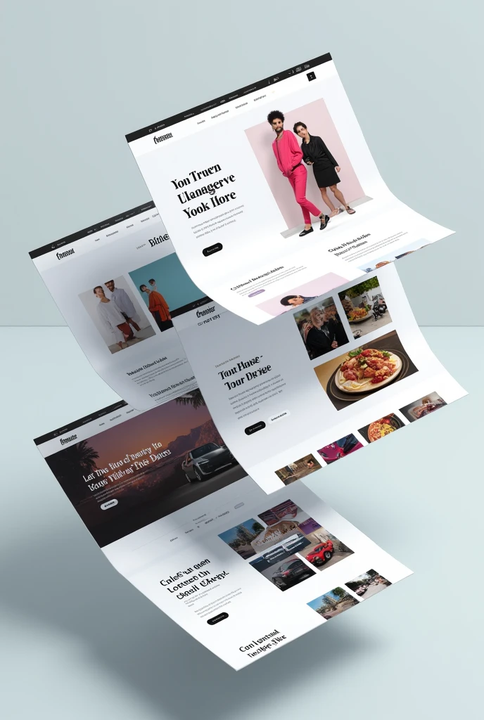 Modern and fluid web page designs in a single image, Some may be a clothing store, others a web portfolio, others a food store, others a car sales store., that they are displayed as if it were a list of 3D cards that are slightly overlapping but that allow you to appreciate the variety, that they are almost all together, that there is no fund or that the general fund is as minimal as possible, NO people or faces no faces, not even 3d as if it were real, las cards are 3d, avoid the background of the general image, includes responsive views