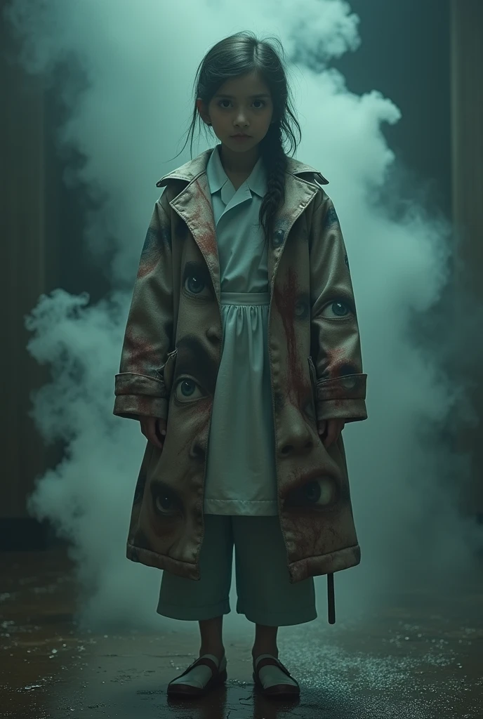 , Innocent Nurse, Wearing a creepy coat made of humans'Screaming face, There's a thin layer of alcohol and smoke at their feet.