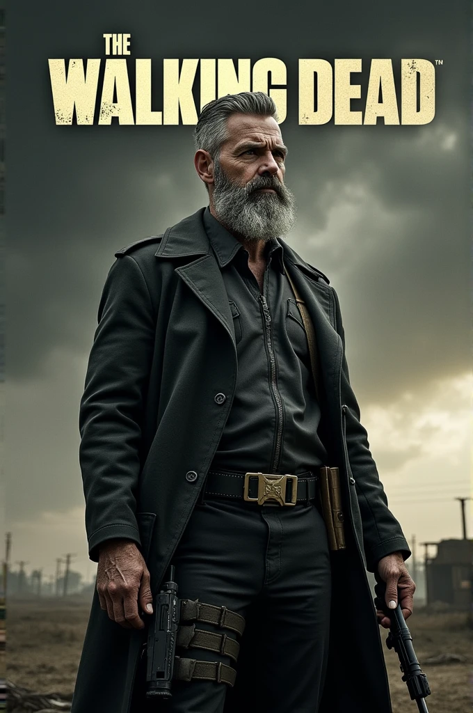 A soldier in a black uniform with gray hair and also a beard with a rifle at a military base with wounds and above in the left corner a written text "The Walking dead".