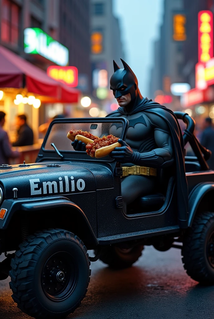 Batman eating hotdogs in a jeep with letters that say emilio