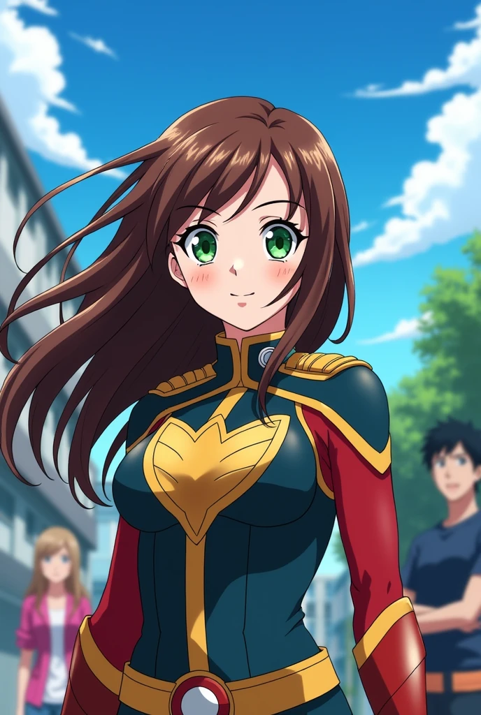 Create the image of a girl with brown hair and green eyes in anime style. "My Hero Academia" with Izuku Midoriya