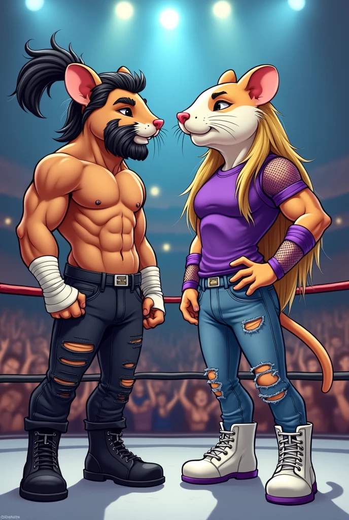 Two cartoon hamsters dressed like wrestling tag-team the Hardy boys. One has long black ponytail hair, no shirt, ripped black jeans, white wrist tape,and black wrestling boots. Also has short black beard. The other has long blond wet hair, a purple t-shirt, black fishnet shirt, ripped stonewashed black jeans, purple arms bands with holes, and white belt and white wrestling boots.