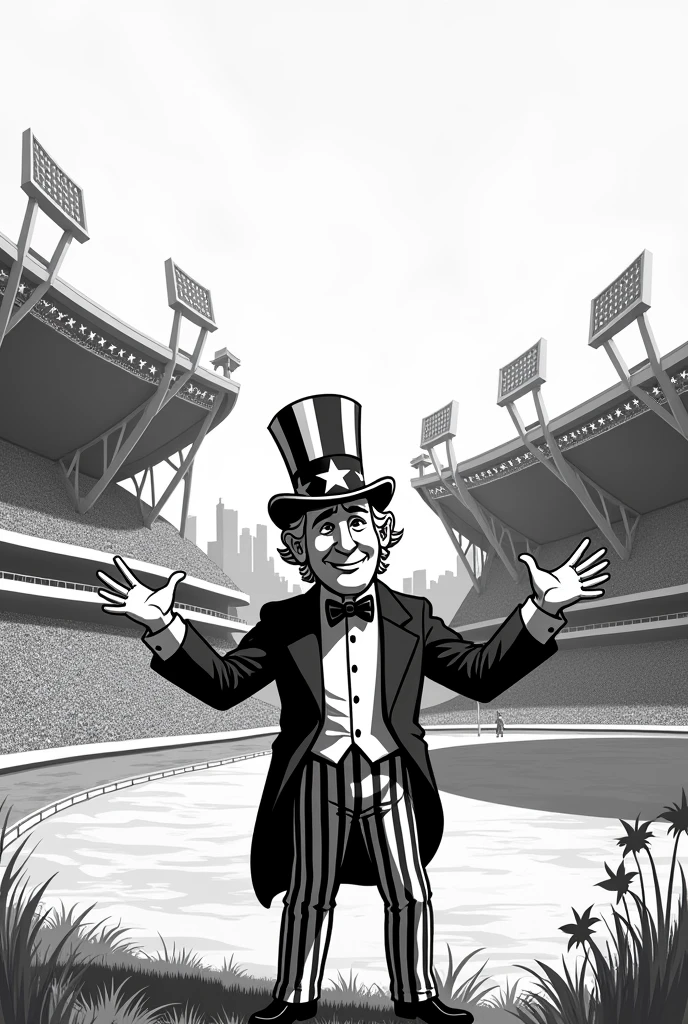 create an image of the 1984 olympic stadiums with uncle sam in front in dashed black and white animation