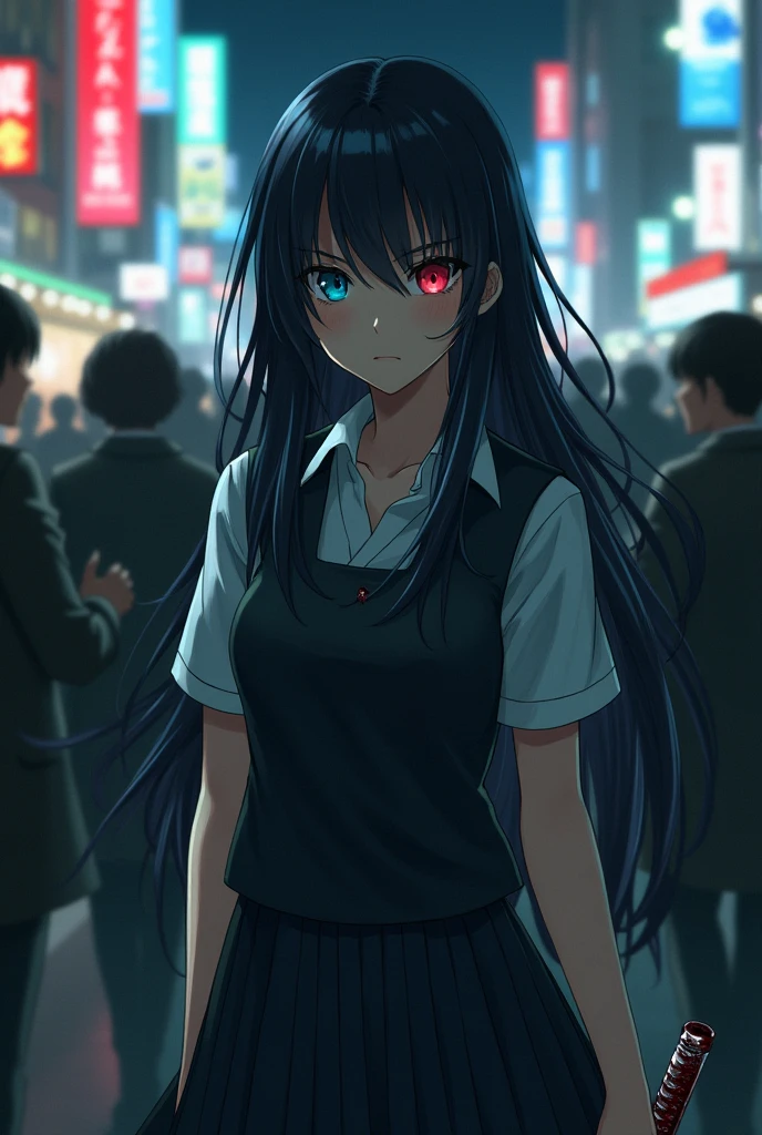 Realistic image. A girl with long, loose black hair, light blue locks could be seen, a side bang above her light blue eyes, her right eye was red, a serious expression in a school uniform, a white dress blouse with one button unbuttoned with a vest over. The girl was on the street walking through a crowd, going almost unnoticed on a dark night, holding a katana in her hand, the blade stained with blood.
